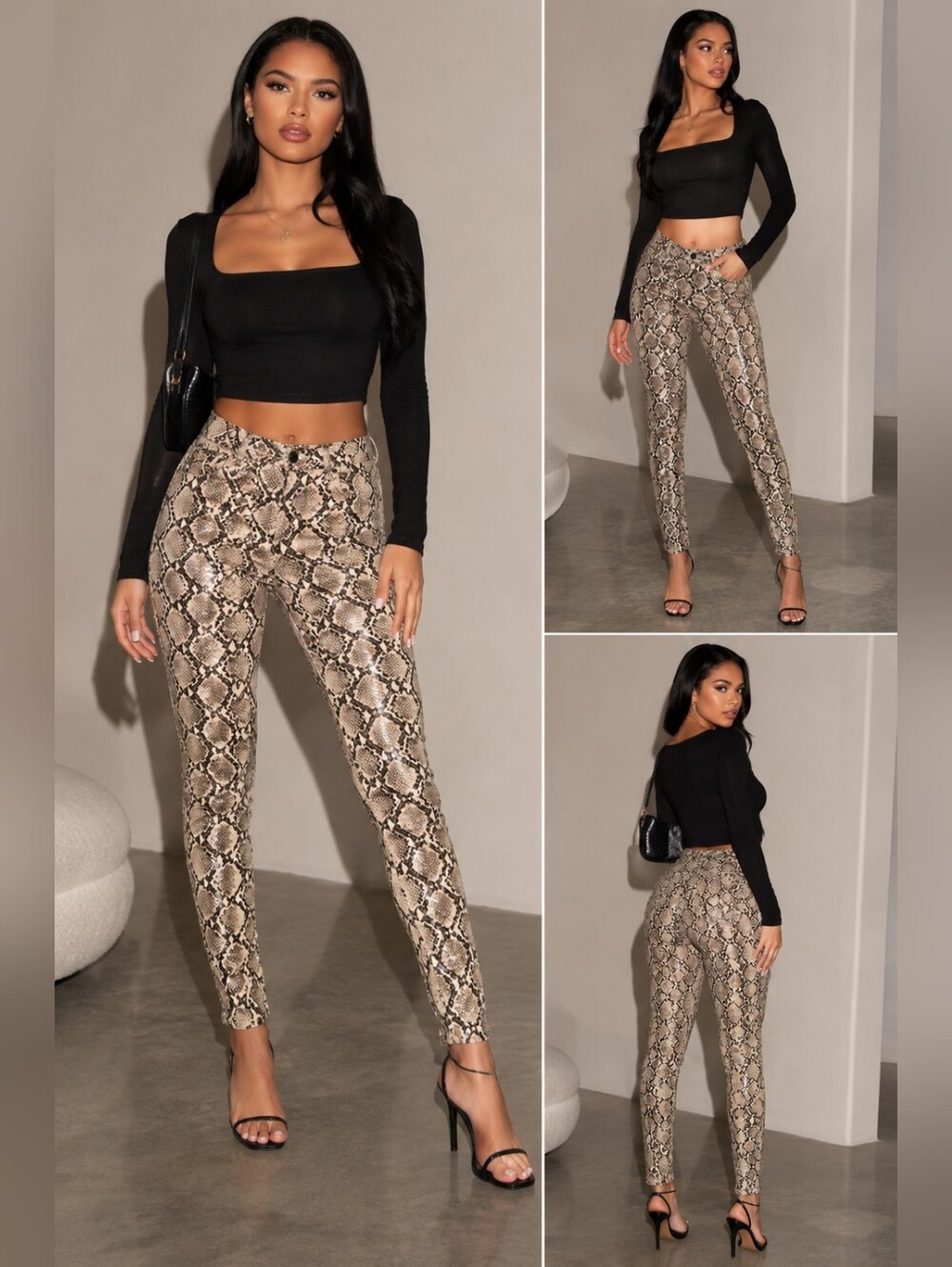 Good American Snake Print Faux Leather Pants Womens 6/28 Straight Leg Neutral